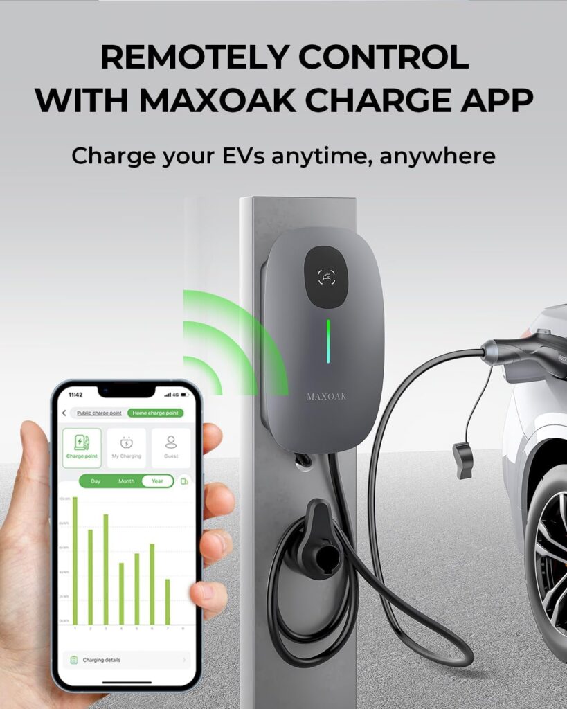 MAXOAK Electric Vehicle Charger - Adjustable 16A to 50A Output Current, Level 2, 240V, Hardwired, CSA Certified  NEMA Type 4, Smart APP Control, Compatible with Tesla and All EV Brands