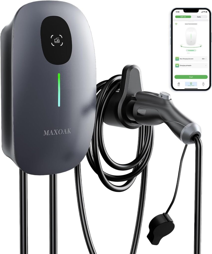 MAXOAK Electric Vehicle Charger - Adjustable 16A to 50A Output Current, Level 2, 240V, Hardwired, CSA Certified  NEMA Type 4, Smart APP Control, Compatible with Tesla and All EV Brands