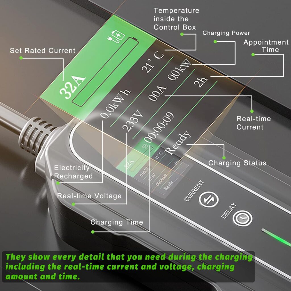 MUETUX Level 2  1 EV Charger (10-32Amp, 110V-240V, 25ft Cable, SAE J1772), Home/Outdoor Portable Electric Vehicle with NEMA 14-50P/5-15P to 14-50R Adapter, Adjustable 32A/24/20/16/10Amp, Delay 1-12h