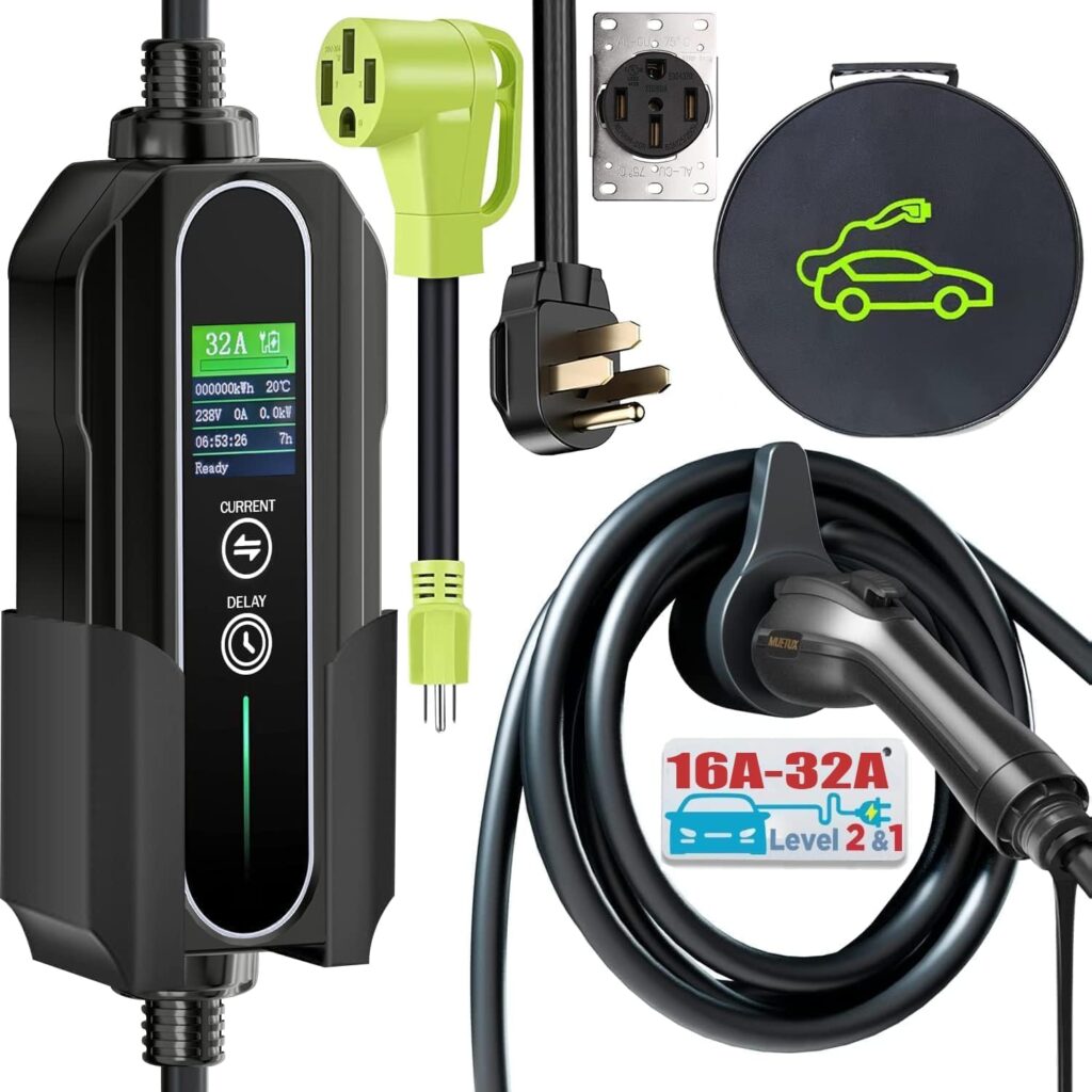 MUETUX Level 2  1 EV Charger (10-32Amp, 110V-240V, 25ft Cable, SAE J1772), Home/Outdoor Portable Electric Vehicle with NEMA 14-50P/5-15P to 14-50R Adapter, Adjustable 32A/24/20/16/10Amp, Delay 1-12h