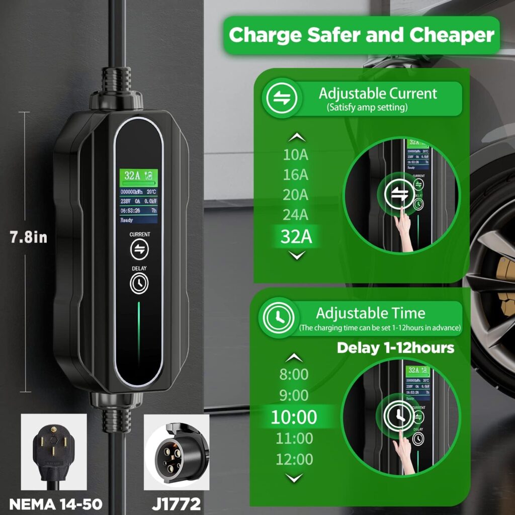 MUETUX Level 2  1 EV Charger (10-32Amp, 110V-240V, 25ft Cable, SAE J1772), Home/Outdoor Portable Electric Vehicle with NEMA 14-50P/5-15P to 14-50R Adapter, Adjustable 32A/24/20/16/10Amp, Delay 1-12h