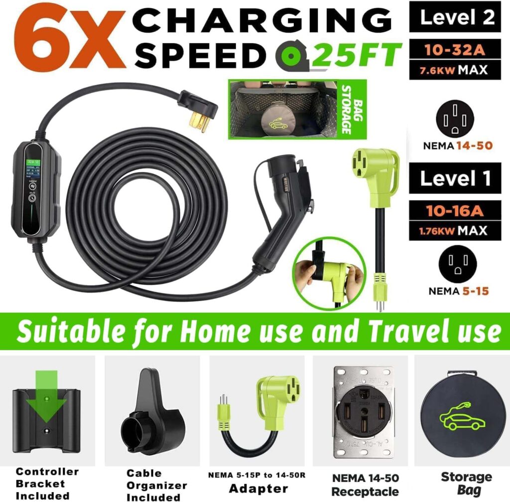 MUETUX Level 2  1 EV Charger (10-32Amp, 110V-240V, 25ft Cable, SAE J1772), Home/Outdoor Portable Electric Vehicle with NEMA 14-50P/5-15P to 14-50R Adapter, Adjustable 32A/24/20/16/10Amp, Delay 1-12h