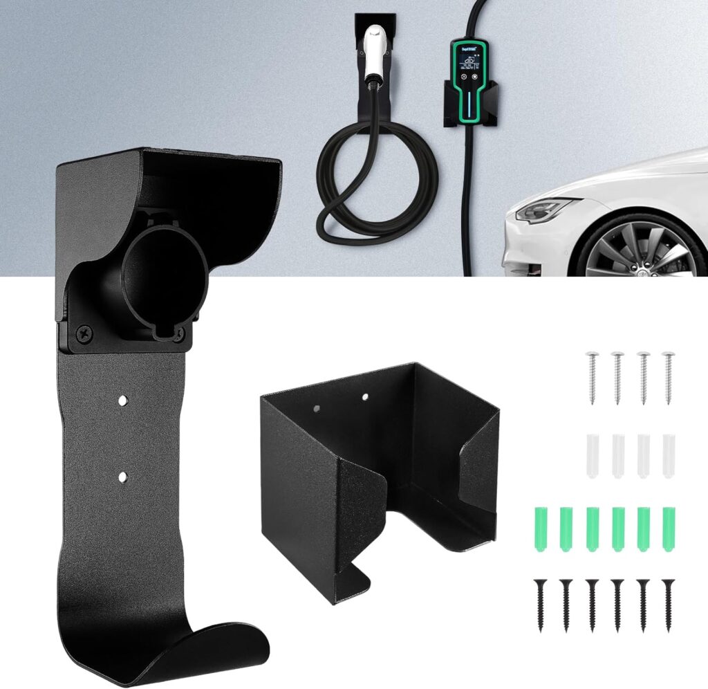 Newruiheng EV Charger Holder and Control Box Holder Set, Wall-Mount Electric Vehicle Charger Storage, Nozzle Holster Dock and Cable Organizer Combination for SAE J1772 Connector