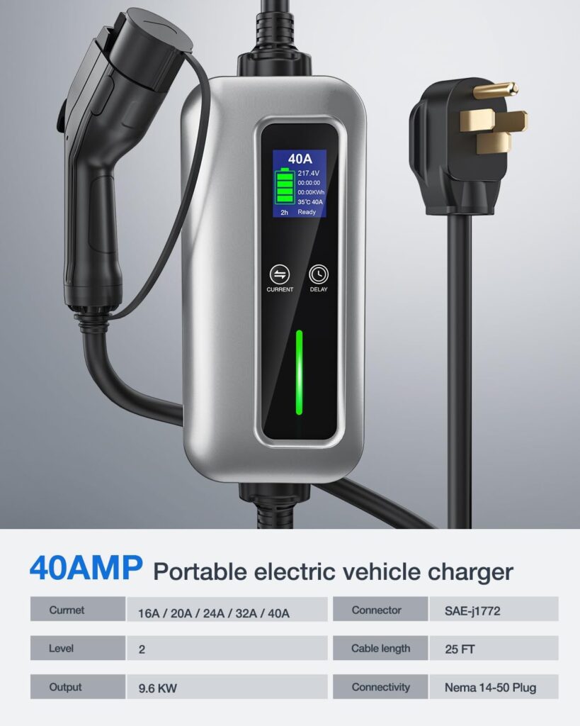 Nilight EV Charger Level 2, 40 Amp 240V, 25ft Cable SAE J1772 Portable Electric Car Charger with NEMA 14-50P Plug, Adjustable Current/Delay Timer