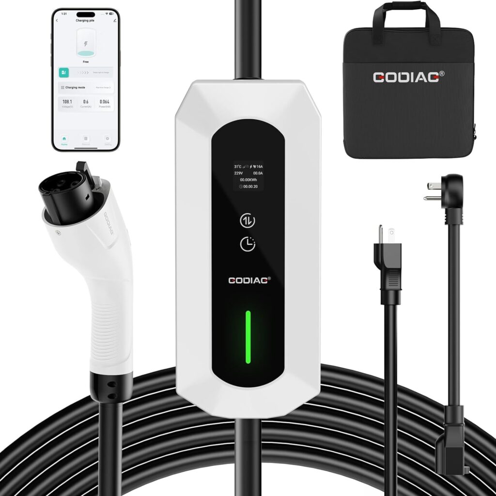 Portable EV Charger Level 1+2, 110V-240V 16A/13A/10A/8A Smart WiFi Enabled Electric Vehicle Car Charging Stations, Indoor/Outdoor EVSE SAE J1772 EV Car Charger with 25 ft Cable