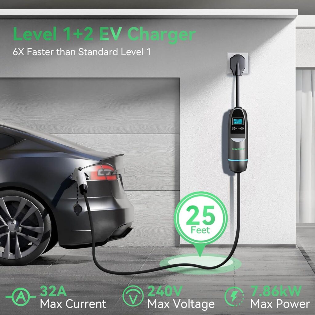 Portable EV Charger Level 2, 32 Amp 240V Electric Vehicle Charger with NEMA 14-50 Plug - 25ft Cable, Home/Outdoor Electric Car Charger for SAE J1772