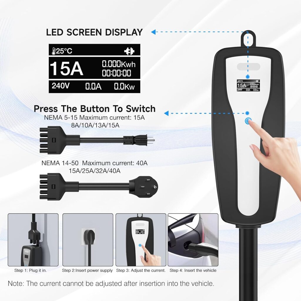 Portable Tesla Charger (8Amp/40Amp) - CAN Control The Charging Port Level 1 and Level 2 Tesla EV Charger with Dual NEMA Plugs (NEMA 5-15  14-50) - Compatible with All Tesla Model X/Y/3/S