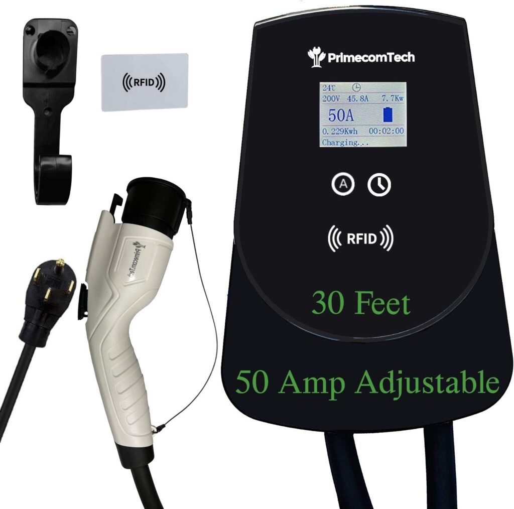 PRIMECOM.TECH 50, 48, 40, 32Amps Level-2 Adjustable EV Wall Charger Station 220 Volt Compatible for TESLA Y, Volkswagen ID-4, Mustang Mach-E, Ford F150, Audi E-Tron Electric, Toyota RAV4 30Feet Length