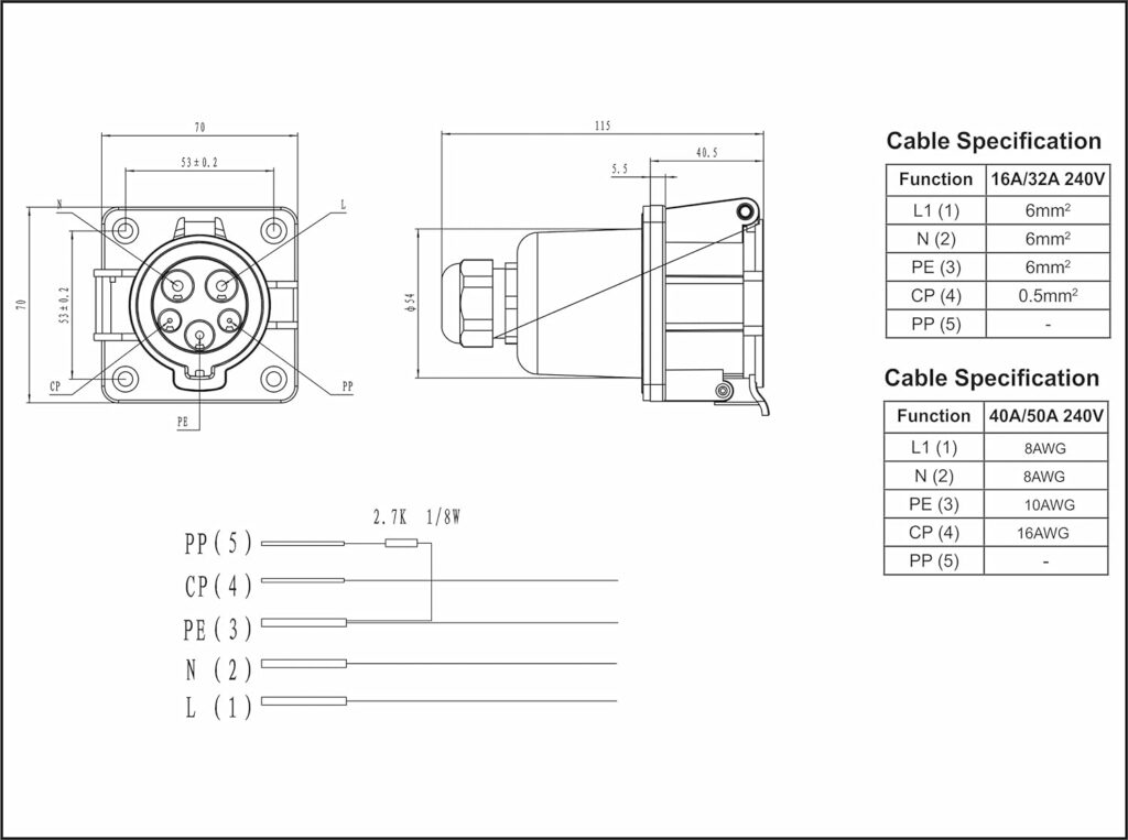 SAE J1772 Type 1 Socket Inlet for Level 1 and Level 2 Chargers of J1772 Vehicle Side EV Connector Socket 16A/32A/50A