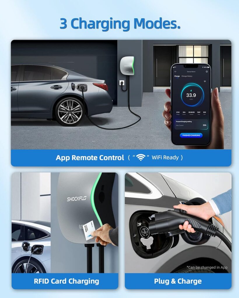 ShockFlo S1 Level 2 EV Charger (48A), NEMA 14-50 Plug or Hardwired EV Charging Station Level 2,UL/Energy Star Wi-Fi and Bluetooth Enabled EVSE Indoor/Outdoor Use with 17ft Cable and RFID Card