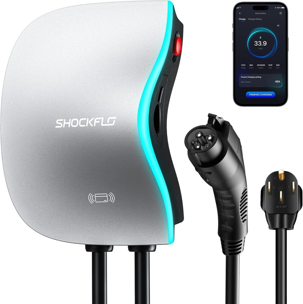 ShockFlo S1 Level 2 EV Charger (48A), NEMA 14-50 Plug or Hardwired EV Charging Station Level 2,UL/Energy Star Wi-Fi and Bluetooth Enabled EVSE Indoor/Outdoor Use with 17ft Cable and RFID Card