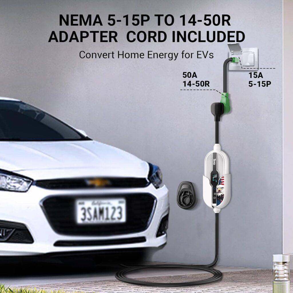 Tera Electric Vehicle Charger for J1772: Tesla EV Level 1  2 Portable 32A 8A 110V 240V Wall Connector Dual Use ETL Energy Star NEMA 14-50  5-15 Wi-Fi Enabled 25FT Cable with Holder P01