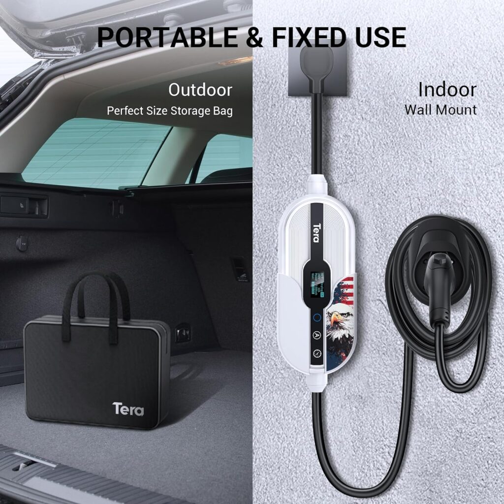 Tera Electric Vehicle Charger for J1772: Tesla EV Level 1  2 Portable 32A 8A 110V 240V Wall Connector Dual Use ETL Energy Star NEMA 14-50  5-15 Wi-Fi Enabled 25FT Cable with Holder P01