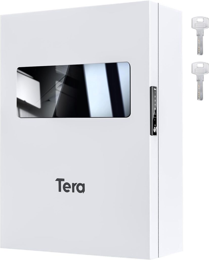 Tera Wall EV Charger Protective Box: Keyless Digital Lock with Keypad Front Tempered Glass 32lb Super Heavy Duty Waterproof Outdoor Use Cable Organizer Universal Exemplary Craftsmanship B01 Pro White