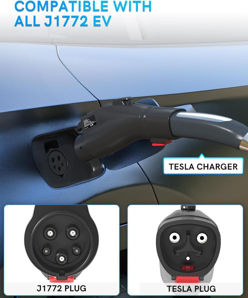 Tesla to J1772 Charging Adapter, Safety Certified Tesla Adapter with Anti-Drop Lock for J1772 EVs, Max 60A/250V AC, Tesla to J1772 Adapter for Tesla Wall/Mobile Connector/Destination Charger