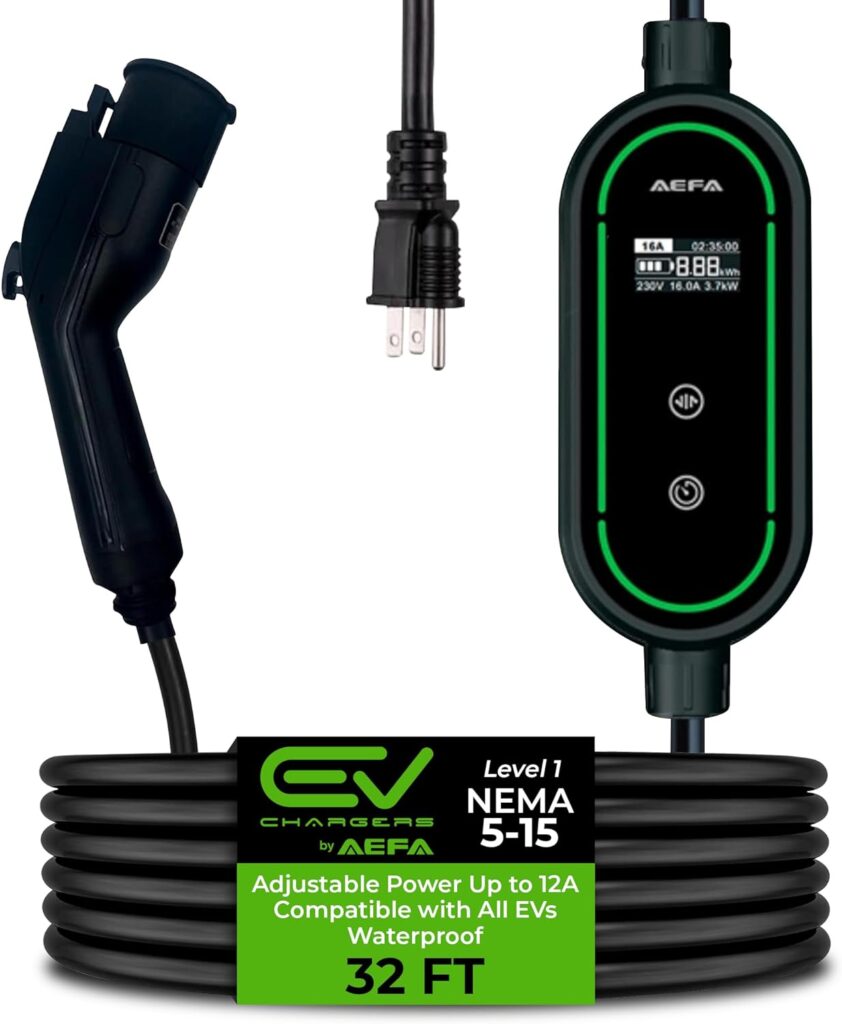 Adjustable Level 1 EV Charger NEMA 5-15, Compatible with All Type 1 J1772 Electric Vehicle: Portable Charging LED Display - Indoor Outdoor Electric Car Charging, 120V, Up to 12 Amps, 32FT