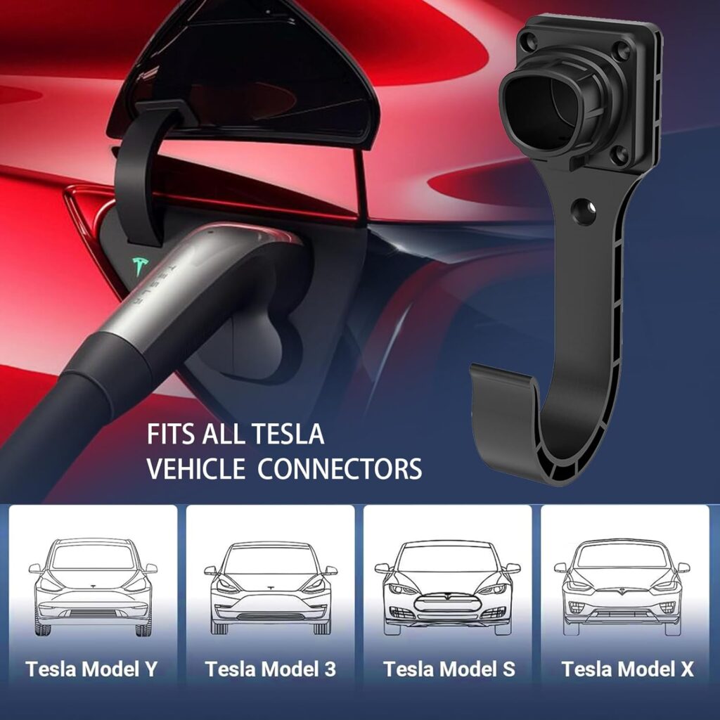 EV Charger Holder Tesla Connector Holder, Wall-Mount Electric Vehicle Charger Holster with Hook Only Compatible for Tesla Connector