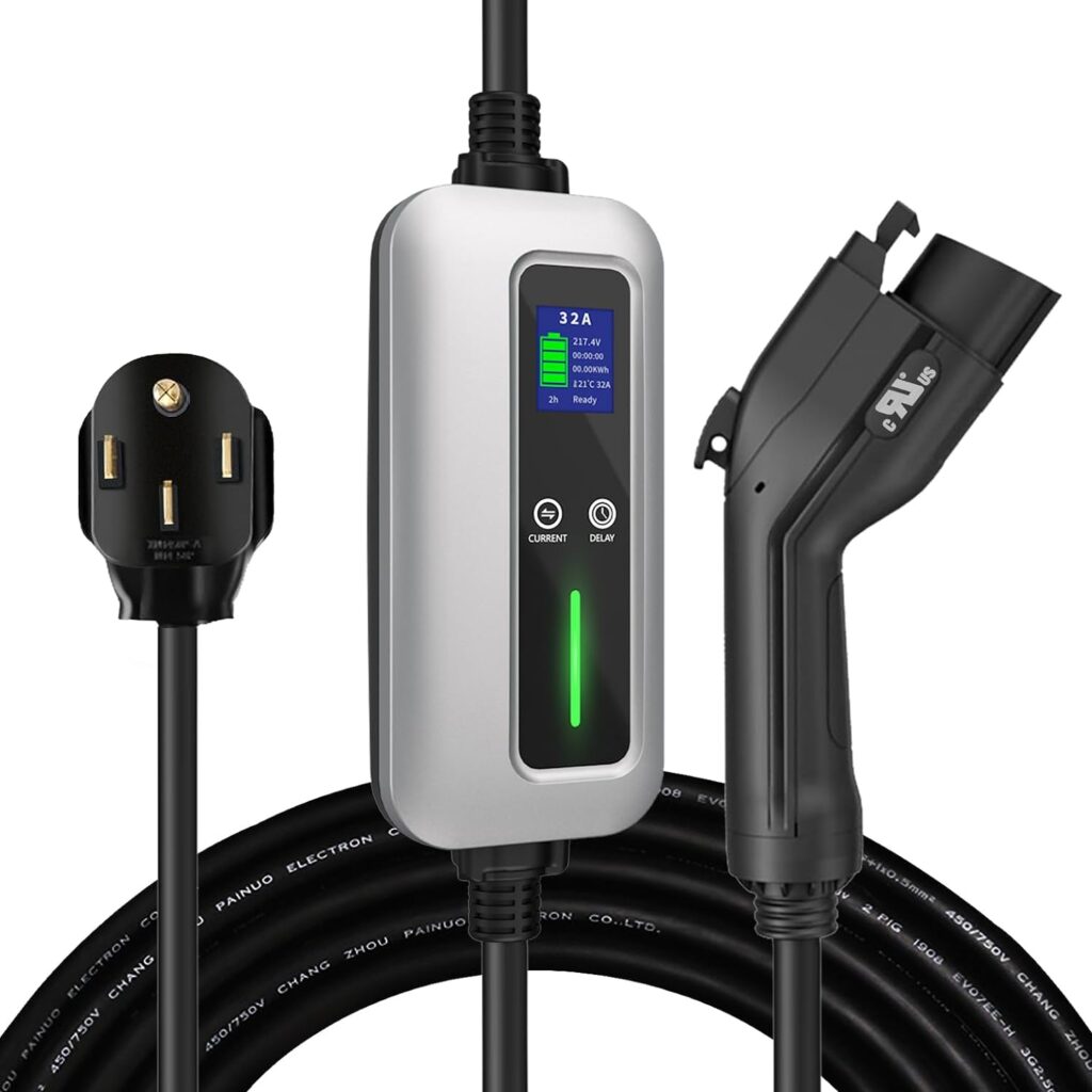 Level 2 EV Charger, 32Amp 240V Portable J1772 Electric Car Charger with NEMA 14-50 Power Plug, Plug-in EV Charging Station with Timing Delay 10-32A Adjustable Amp, 25ft Extension Cord