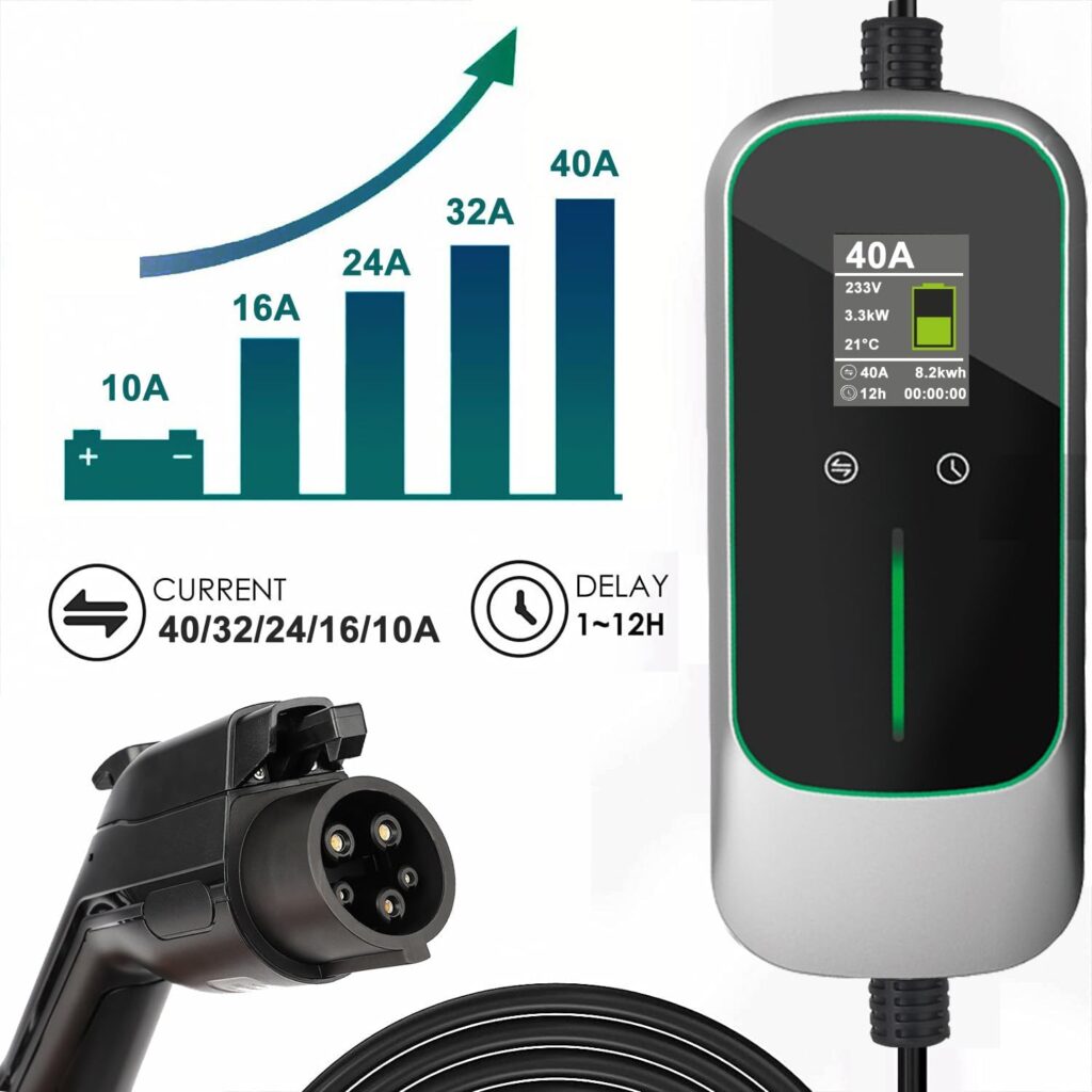 Level 2 EV Charger 40Amp 240V, Portable EV Charger with NEMA 14-50 Plug SAE J1772 Cable, Home EV Charging Station Adjustable Currents 16A-40A, with EV Charger Holder, Timing Delay