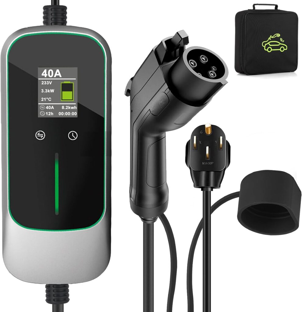 Level 2 EV Charger 40Amp 240V, Portable EV Charger with NEMA 14-50 Plug SAE J1772 Cable, Home EV Charging Station Adjustable Currents 16A-40A, with EV Charger Holder, Timing Delay