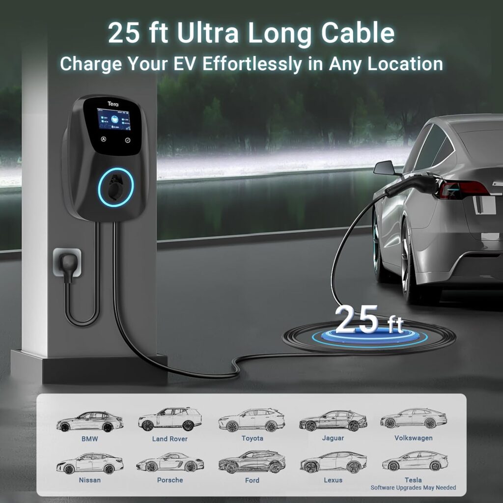 Tera Electric Vehicle Charger for Tesla: Level 2 J1772 2024 Newest ETL Certified 48A with Manual Setting Amps  Schedule on Unit 240V - 5 Years Warranty - 25 FT Cable NEMA 14-50 W01 Black