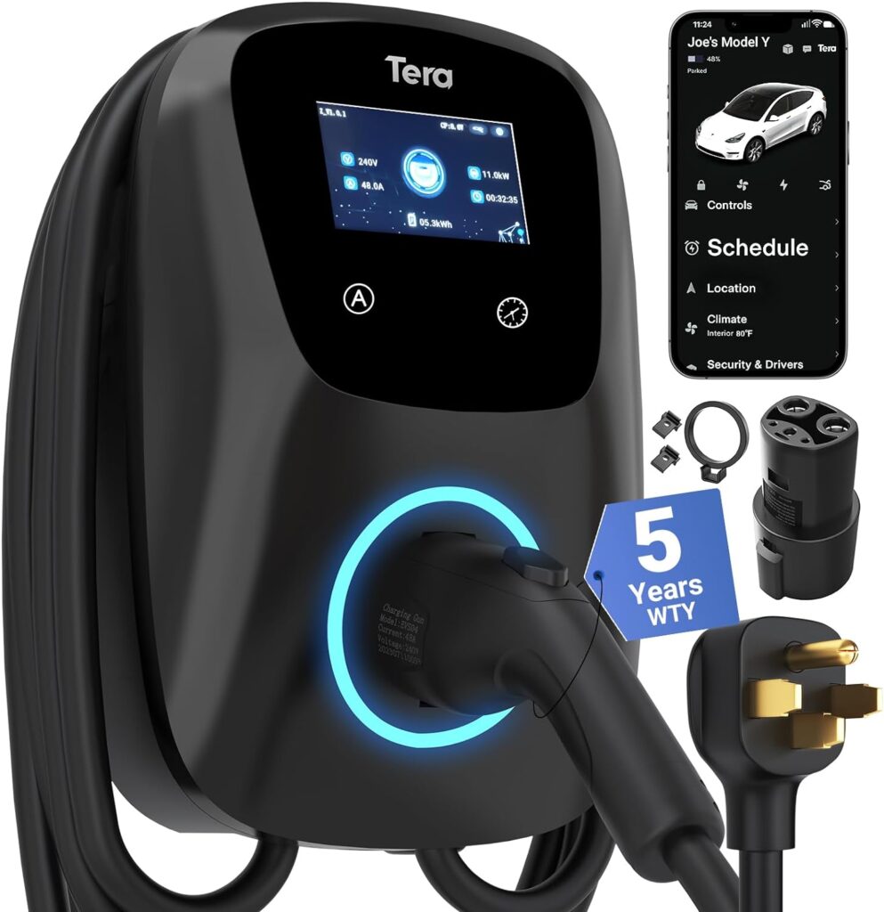 Tera Electric Vehicle Charger for Tesla: Level 2 J1772 2024 Newest ETL Certified 48A with Manual Setting Amps  Schedule on Unit 240V - 5 Years Warranty - 25 FT Cable NEMA 14-50 W01 Black