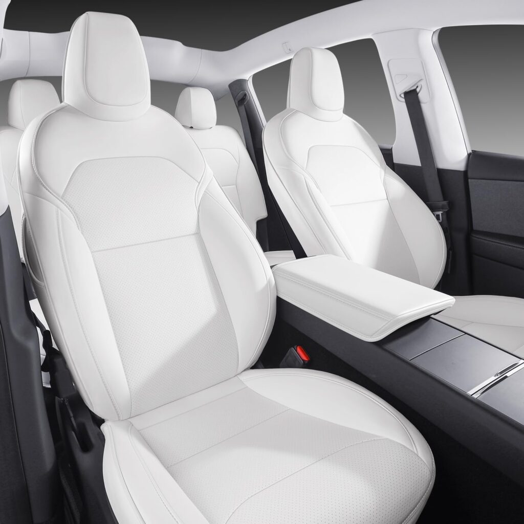 Car Seat Covers for New Tesla Model Y Juniper Nappa Leather Car Interior Seat Airbag Compatible Cushion Cover Full Set Custom Fit 2025-2026, Nappa White