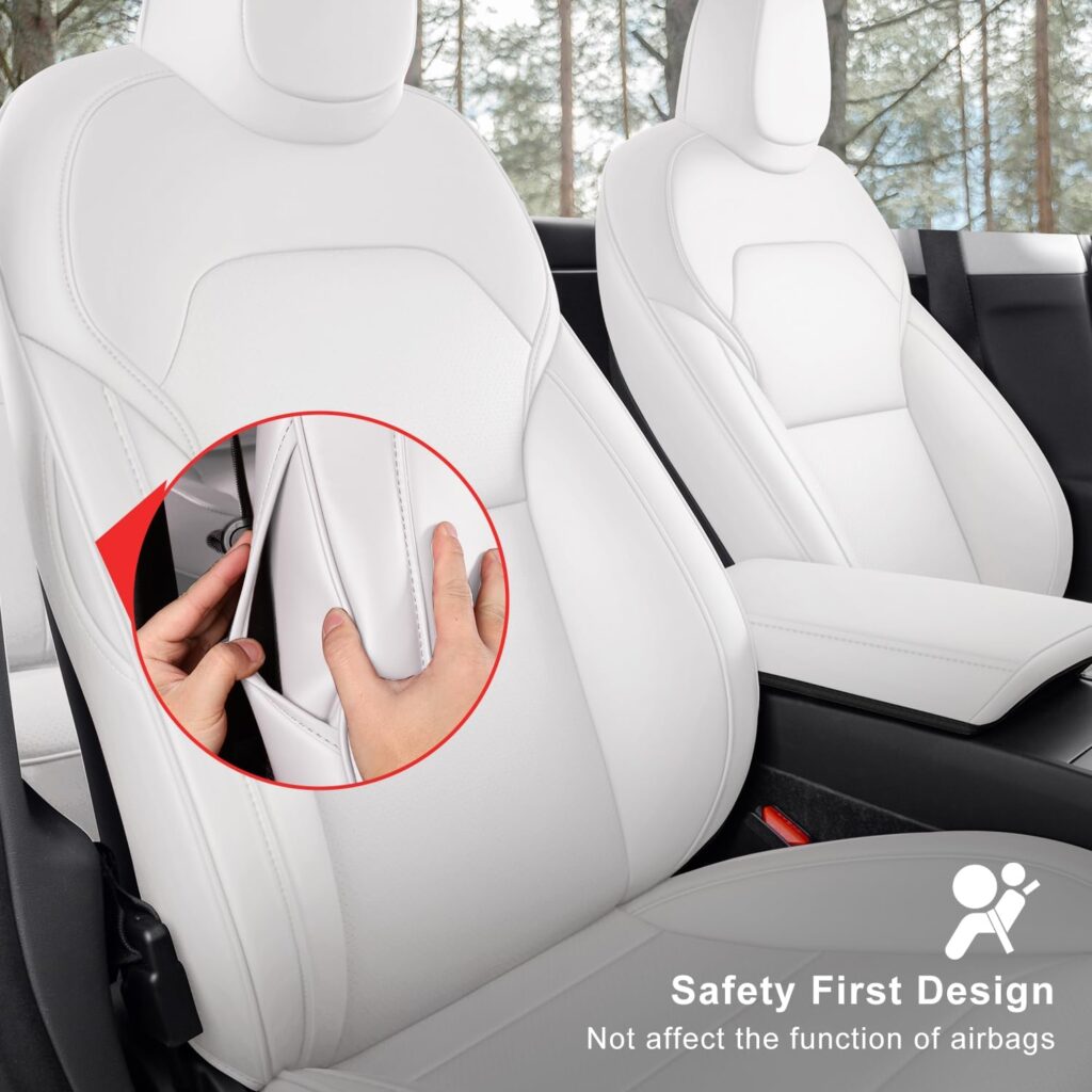 Car Seat Covers for New Tesla Model Y Juniper Nappa Leather Car Interior Seat Airbag Compatible Cushion Cover Full Set Custom Fit 2025-2026, Nappa White