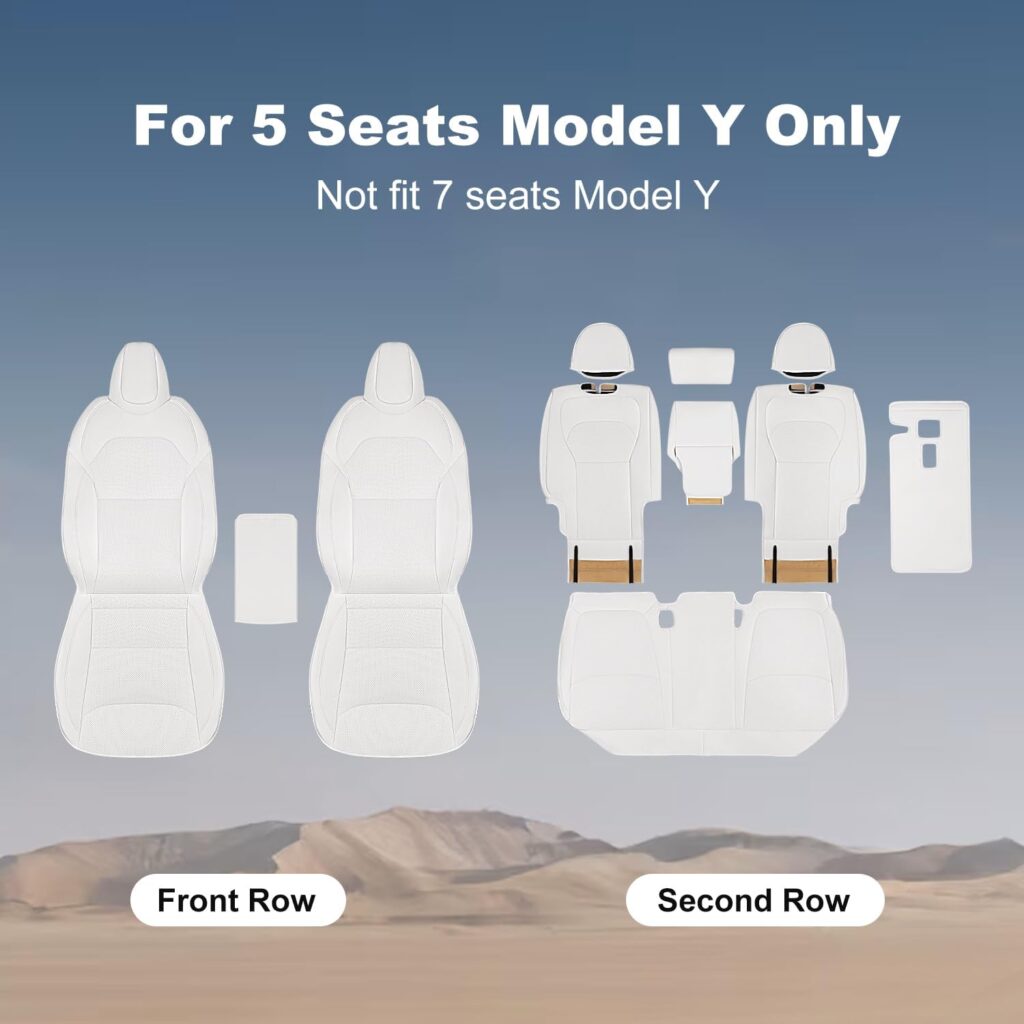 Car Seat Covers for New Tesla Model Y Juniper Nappa Leather Car Interior Seat Airbag Compatible Cushion Cover Full Set Custom Fit 2025-2026, Nappa White