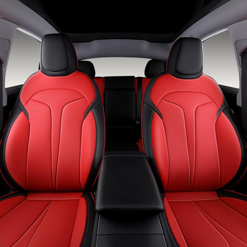 Custom Fit Seat Covers for Tesla Model Y Juniper (5-Seater), Waterproof Breathable Nappa Leather, OEM Style Full Set Protectors, Airbag Compatible - Red Custom Fit Seat Covers for Tesla Model Y Juniper (5-Seater), Waterproof Breathable Nappa Leather, OEM Style Full Set Protectors, Airbag Compatible - Red