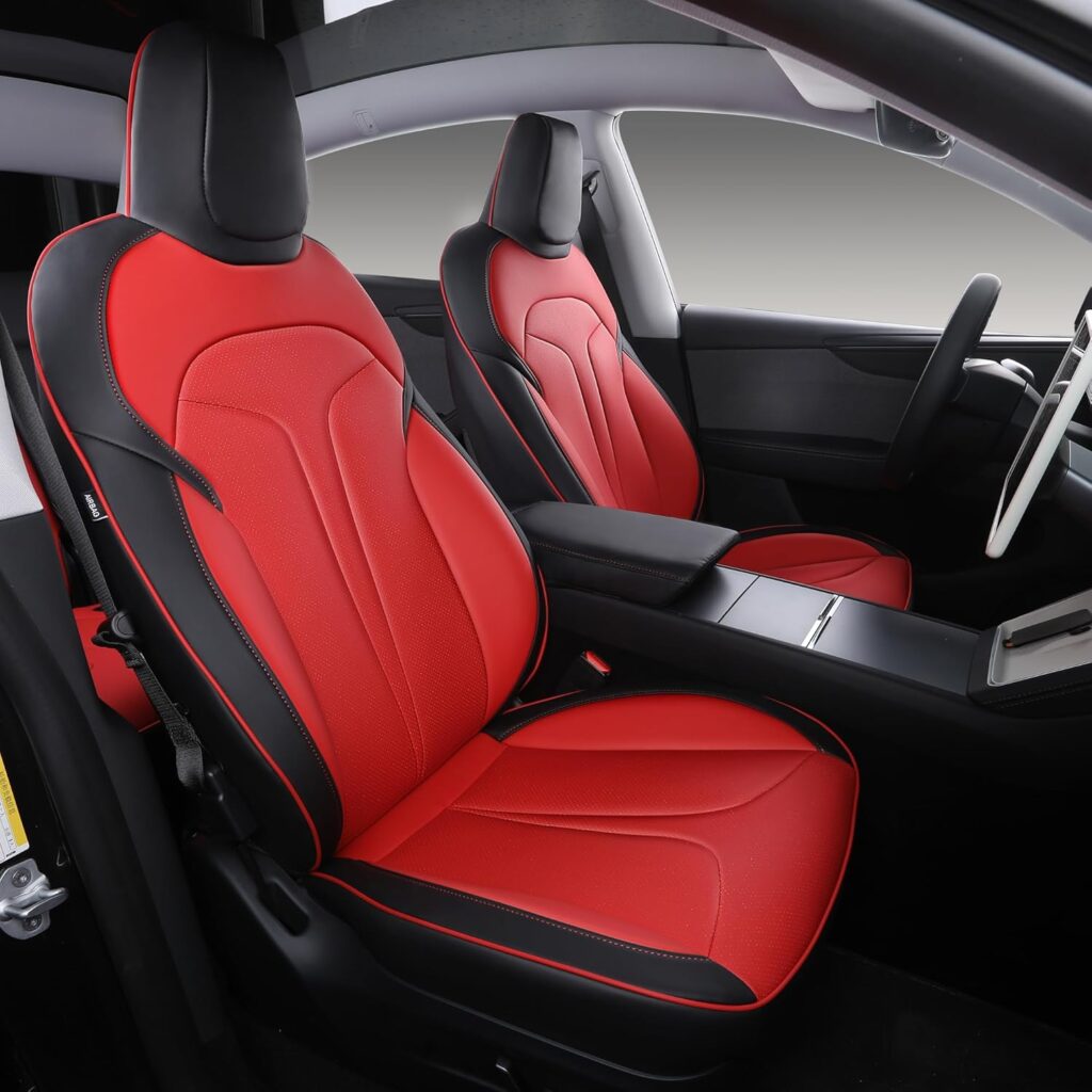 Custom Fit Seat Covers for Tesla Model Y Juniper (5-Seater), Waterproof Breathable Nappa Leather, OEM Style Full Set Protectors, Airbag Compatible - Red Custom Fit Seat Covers for Tesla Model Y Juniper (5-Seater), Waterproof Breathable Nappa Leather, OEM Style Full Set Protectors, Airbag Compatible - Red