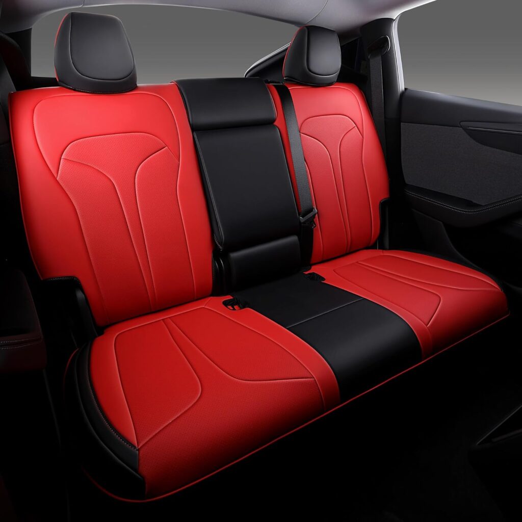 Custom Fit Seat Covers for Tesla Model Y Juniper (5-Seater), Waterproof Breathable Nappa Leather, OEM Style Full Set Protectors, Airbag Compatible - Red Custom Fit Seat Covers for Tesla Model Y Juniper (5-Seater), Waterproof Breathable Nappa Leather, OEM Style Full Set Protectors, Airbag Compatible - Red