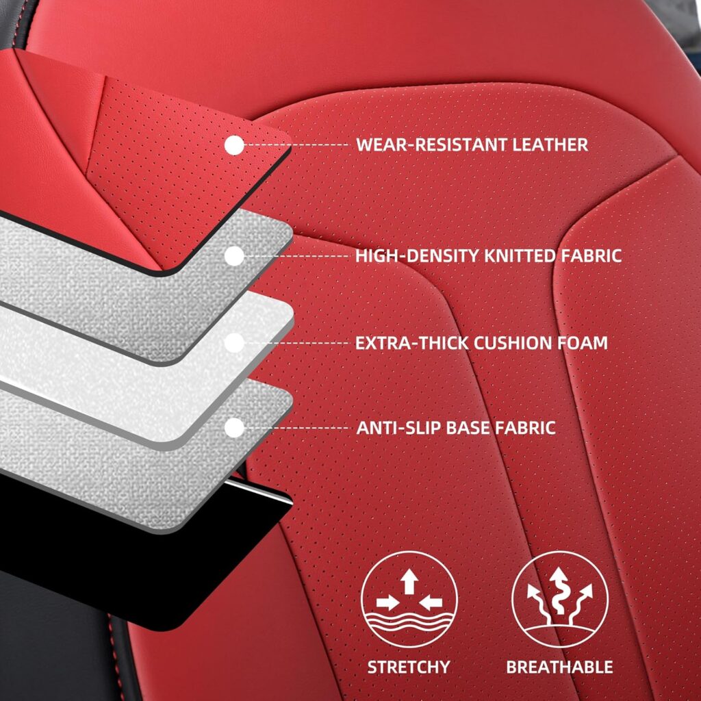 Custom Fit Seat Covers for Tesla Model Y Juniper (5-Seater), Waterproof Breathable Nappa Leather, OEM Style Full Set Protectors, Airbag Compatible - Red Custom Fit Seat Covers for Tesla Model Y Juniper (5-Seater), Waterproof Breathable Nappa Leather, OEM Style Full Set Protectors, Airbag Compatible - Red