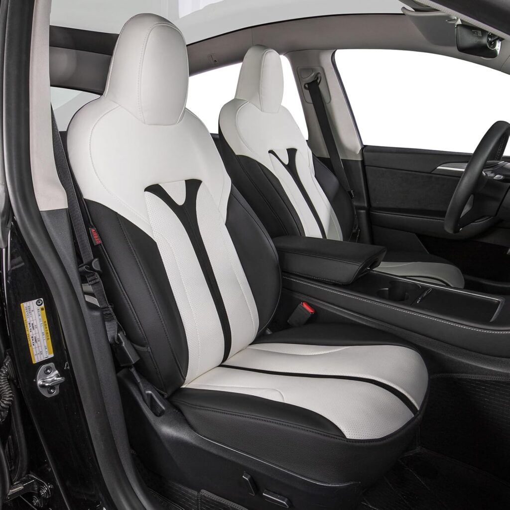 EKR Model Y Seat Covers Custom Fit for Tesla Model Y Long Range (Premium) (Only for Seats),OEM-Like Finish, Airbag Compatible,Leather Seat Cover Full Set,Faux Leather(A37-Black with White) EKR Model Y Seat Covers Custom Fit for Tesla Model Y Long Range (Premium) (Only for Seats),OEM-Like Finish, Airbag Compatible,Leather Seat Cover Full Set,Faux Leather(A37-Black with White)